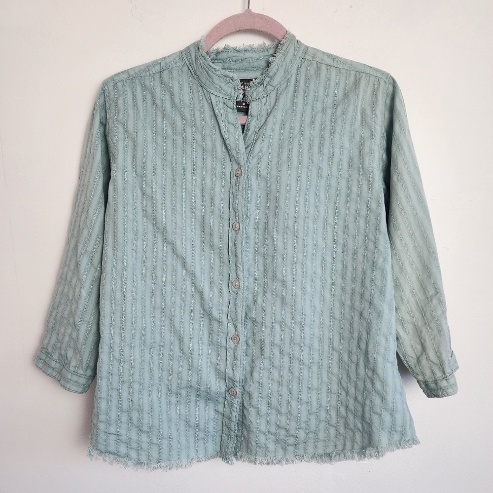 Woolrich Teal Color 100% Cotton  Button Down Mock Raw Hem Women's Shirt  Size M